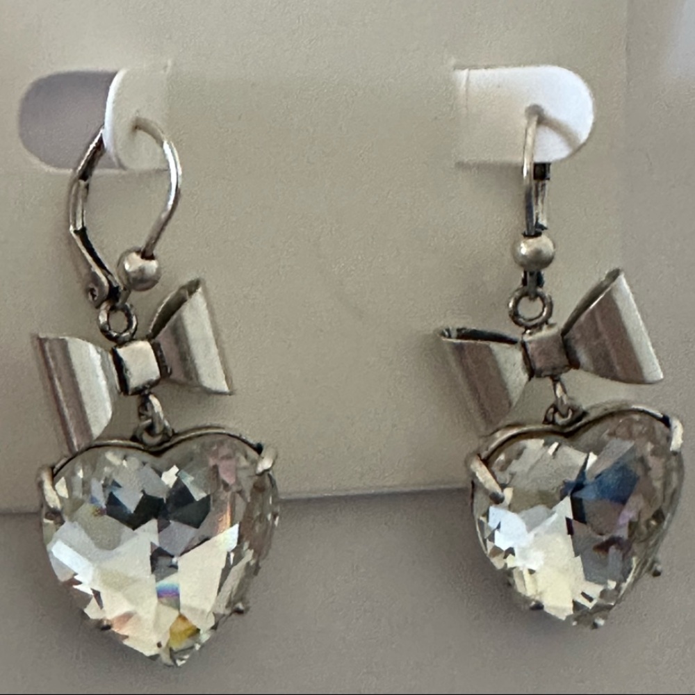 Tory Burch Silver Heart Crystal logo drop Earrings